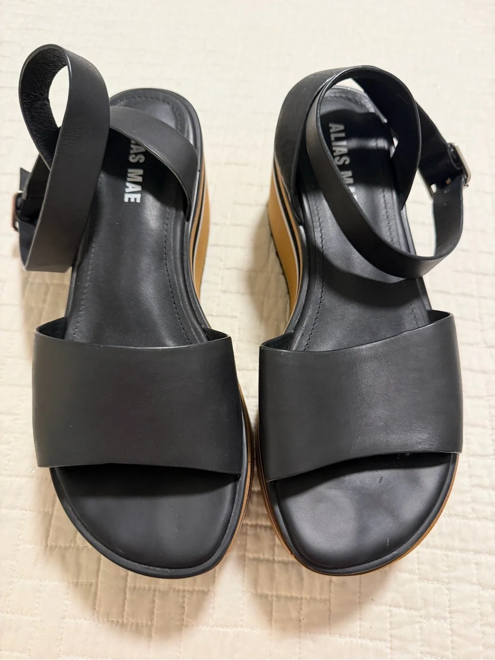 Alias Mae Oasis Sandwich Black Leather Sandals with Ankle Strap